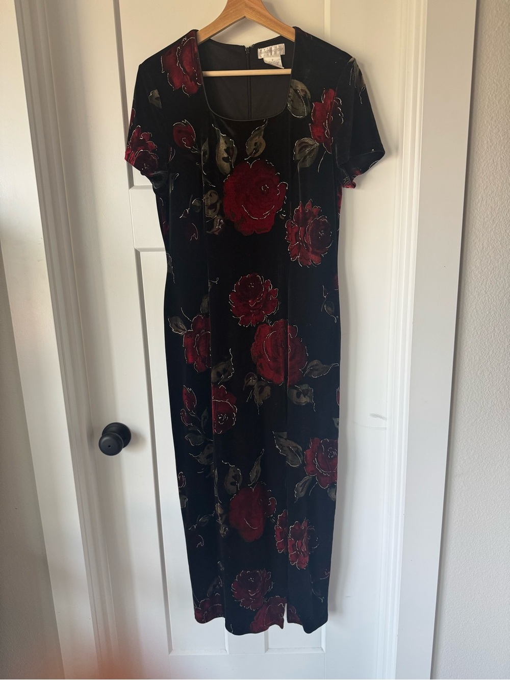 Vintage Worthington Black Velvet Maxi Dress with Red Rose Pattern